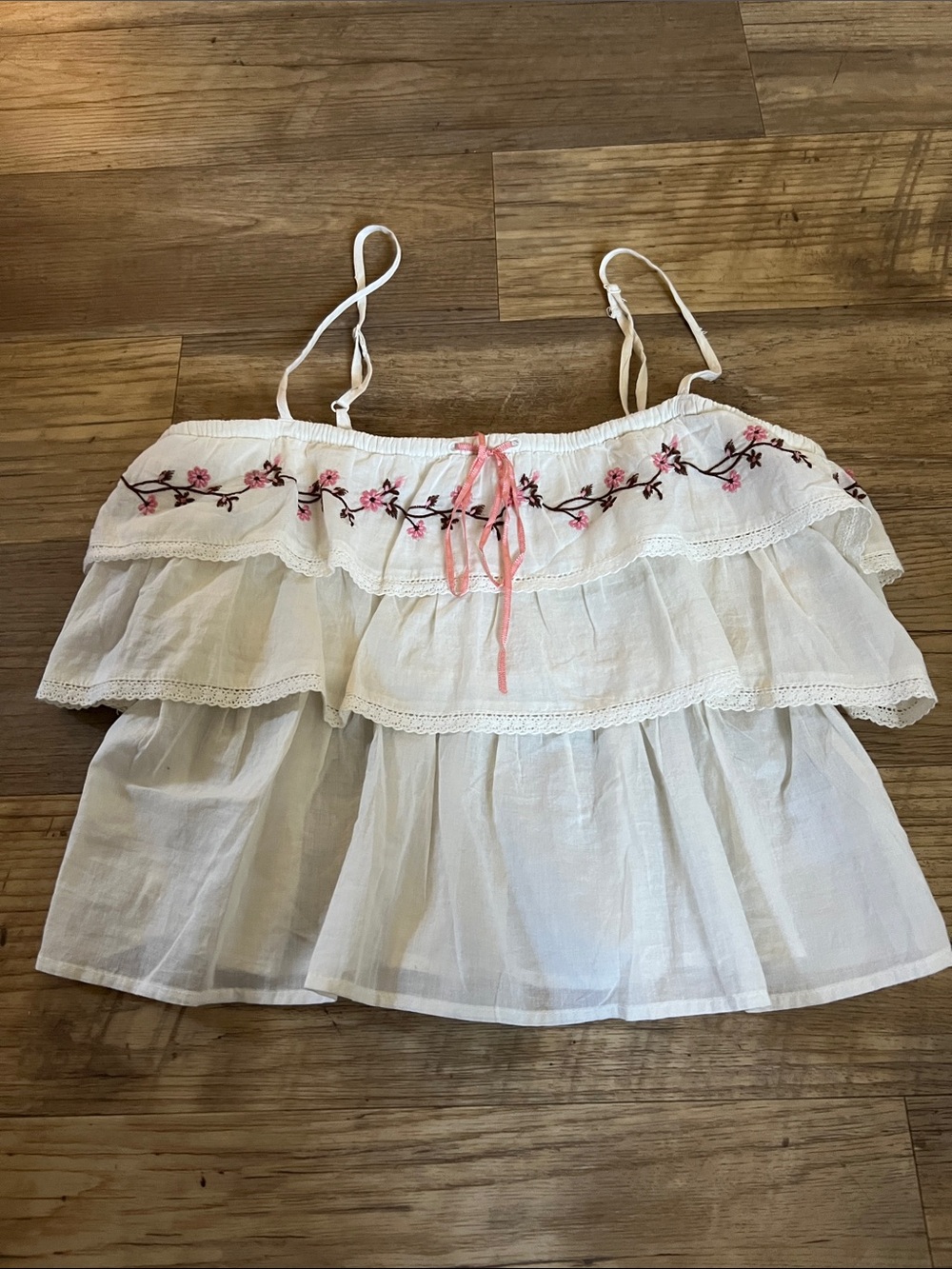 American Eagle Outfitters White Tiered Camisole with Pink Floral Trim